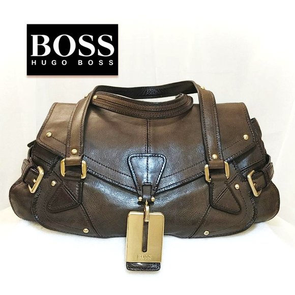 HUGO BOSS Dark Brown Genuine Leather Satchel Handbag Carry Flap Top Dual Handles - Picture 3 of 12